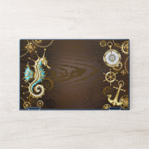 Wooden Background with Mechanical Seahorse HP Laptop Skin