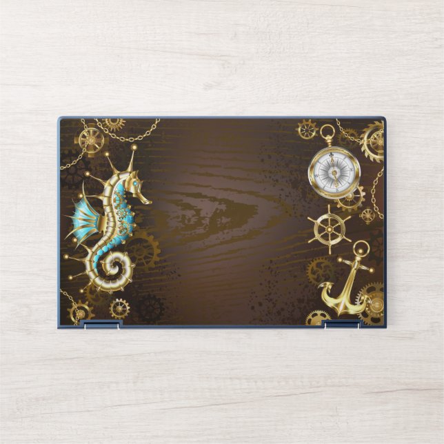 Wooden Background with Mechanical Seahorse HP Laptop Skin (Front)
