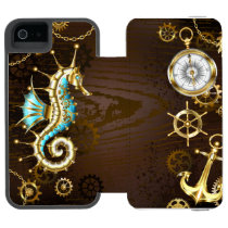 Wooden Background with Mechanical Seahorse iPhone SE/5/5s Wallet Case
