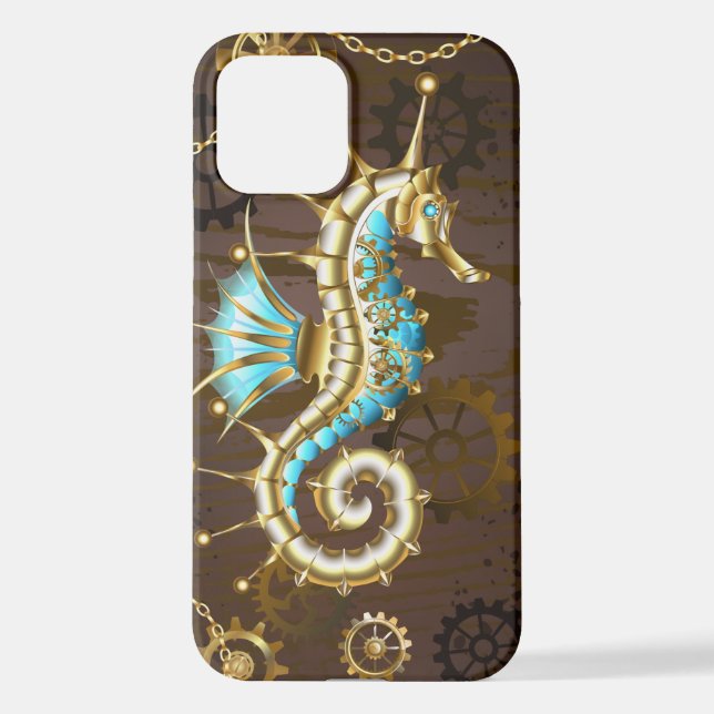 Wooden Background with Mechanical Seahorse iPhone Case (Back)