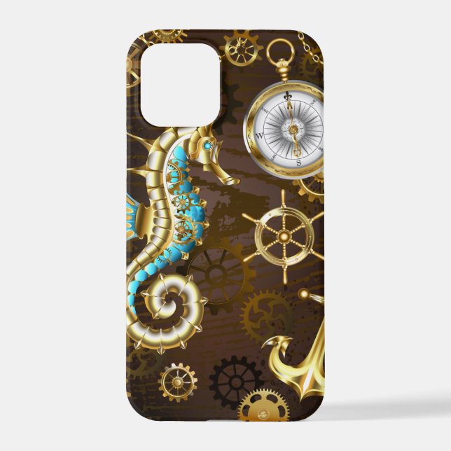 Wooden Background with Mechanical Seahorse iPhone Case (Back)