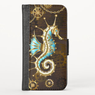 Wooden Background with Mechanical Seahorse iPhone X Wallet Case