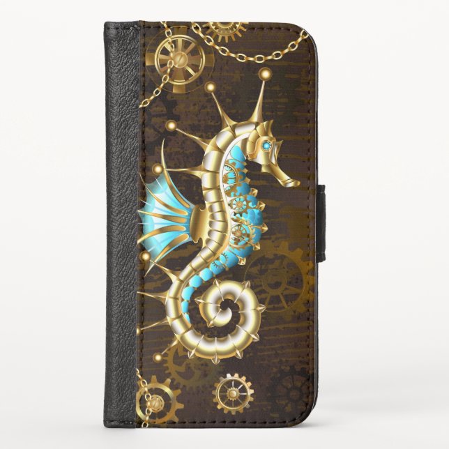Wooden Background with Mechanical Seahorse iPhone Wallet Case (Front)