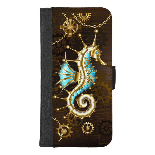 Wooden Background with Mechanical Seahorse iPhone Wallet Case (Front)