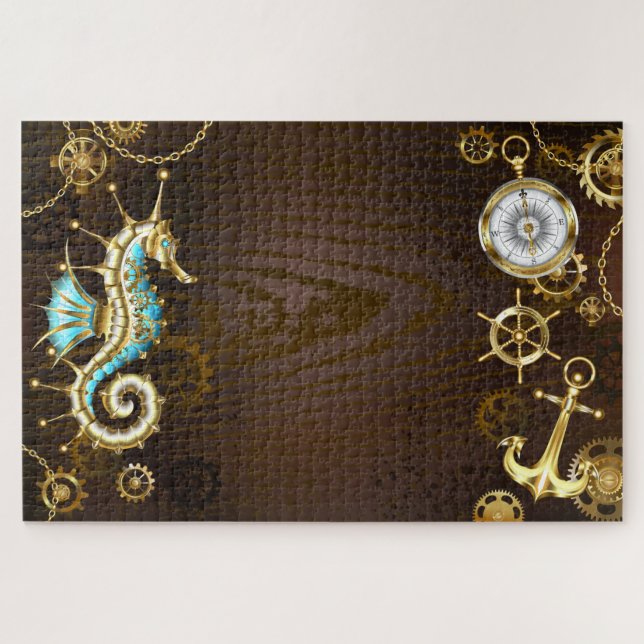 Wooden Background with Mechanical Seahorse Jigsaw Puzzle (Horizontal)