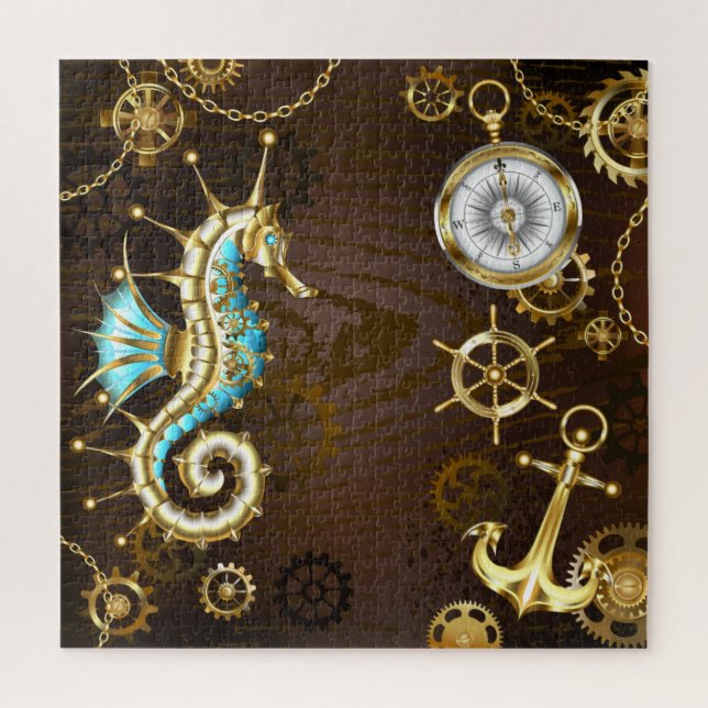Wooden Background with Mechanical Seahorse Jigsaw Puzzle (Vertical)