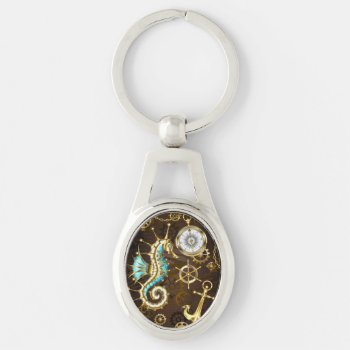 Wooden Background With Mechanical Seahorse Keychain by Blackmoon9 at Zazzle