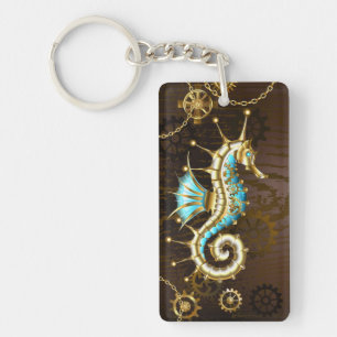 Wooden Background with Mechanical Seahorse Keychain