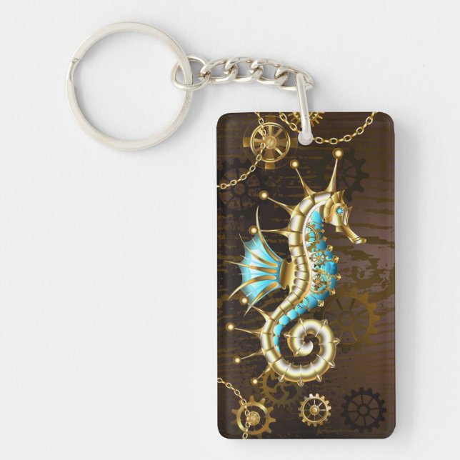 Wooden Background with Mechanical Seahorse Keychain (Front)