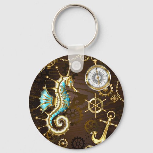 Wooden Background with Mechanical Seahorse Keychain