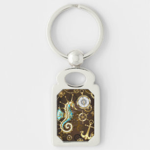 Wooden Background with Mechanical Seahorse Keychain