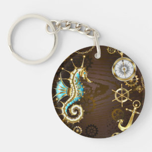 Wooden Background with Mechanical Seahorse Keychain