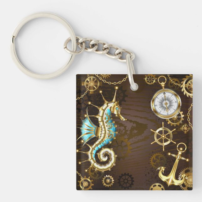 Wooden Background with Mechanical Seahorse Keychain (Front)