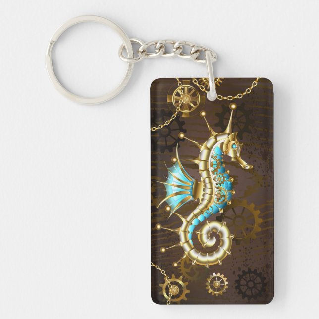 Wooden Background with Mechanical Seahorse Keychain (Front)