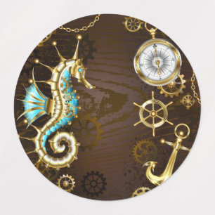 Wooden Background with Mechanical Seahorse Kids' Labels