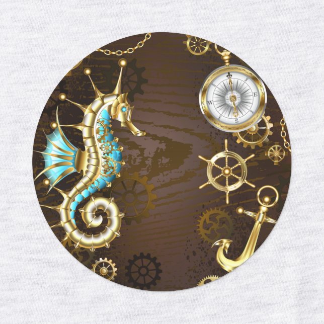 Wooden Background with Mechanical Seahorse Kids' Labels (Design 1)