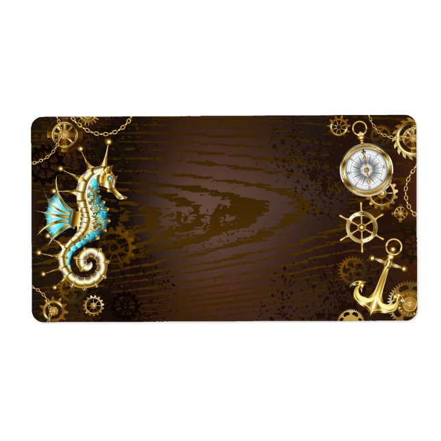Wooden Background with Mechanical Seahorse Label (Front)