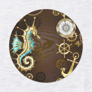 Wooden Background with Mechanical Seahorse Labels