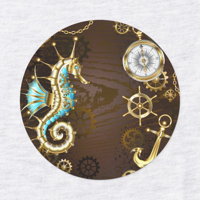 Wooden Background with Mechanical Seahorse Labels (Design 1)