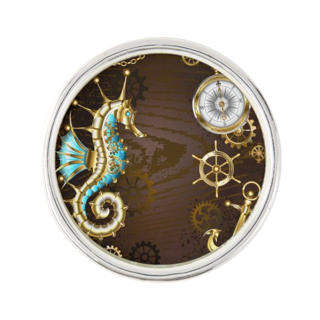 Wooden Background with Mechanical Seahorse Lapel Pin (Front)