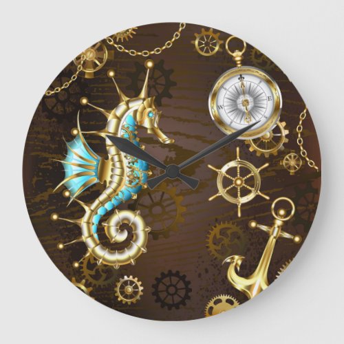 Wooden Background with Mechanical Seahorse Large Clock