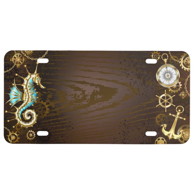Wooden Background with Mechanical Seahorse License Plate (Front)