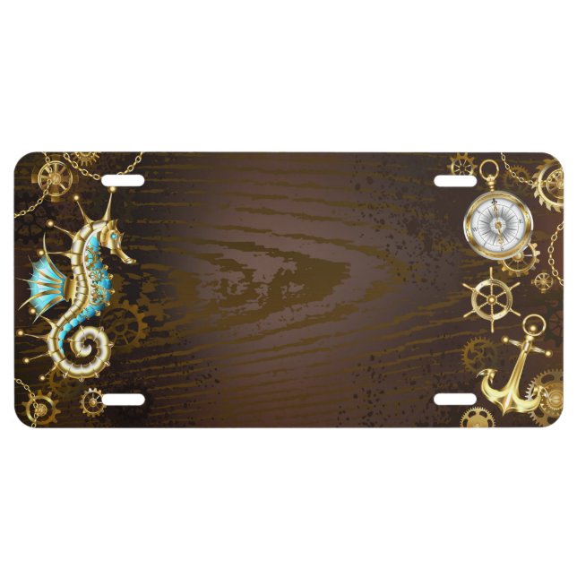 Wooden Background with Mechanical Seahorse License Plate (Front)