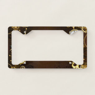 Wooden Background with Mechanical Seahorse License Plate Frame