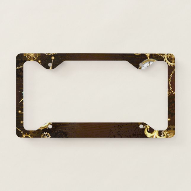 Wooden Background with Mechanical Seahorse License Plate Frame (Front)