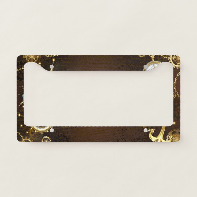 Wooden Background with Mechanical Seahorse License Plate Frame (Front)