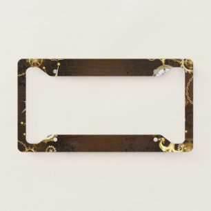 Wooden Background with Mechanical Seahorse License Plate Frame