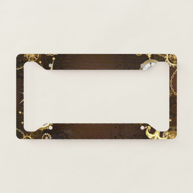 Wooden Background with Mechanical Seahorse License Plate Frame (Front)