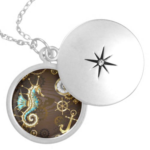 Wooden Background with Mechanical Seahorse Locket Necklace