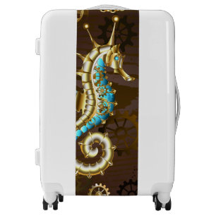 Wooden Background with Mechanical Seahorse Luggage