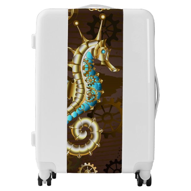 Wooden Background with Mechanical Seahorse Luggage (Front)