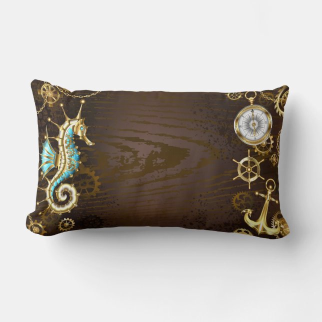 Wooden Background with Mechanical Seahorse Lumbar Pillow (Front)