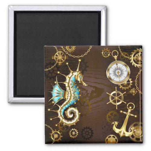 Wooden Background with Mechanical Seahorse Magnet