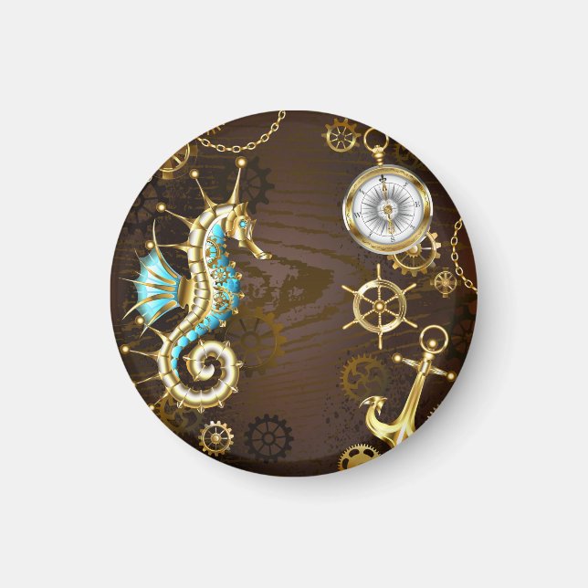 Wooden Background with Mechanical Seahorse Magnet (Front)