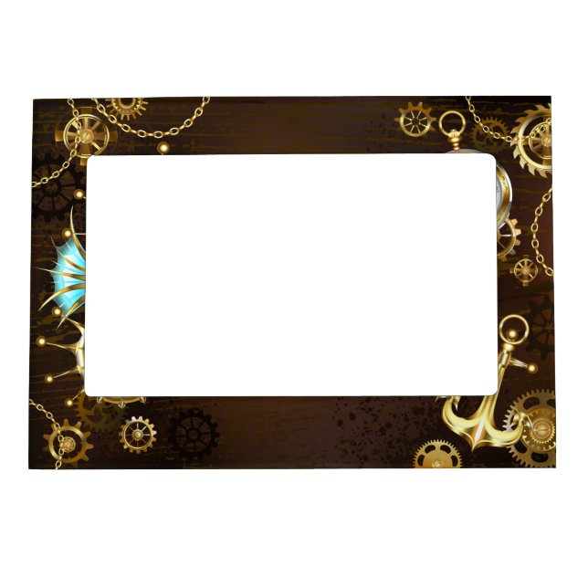 Wooden Background with Mechanical Seahorse Magnetic Frame (Front)
