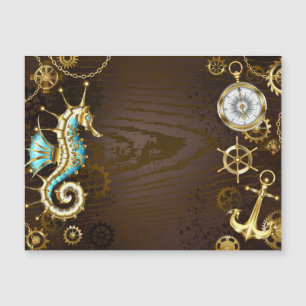 Wooden Background with Mechanical Seahorse Magnetic Invitation