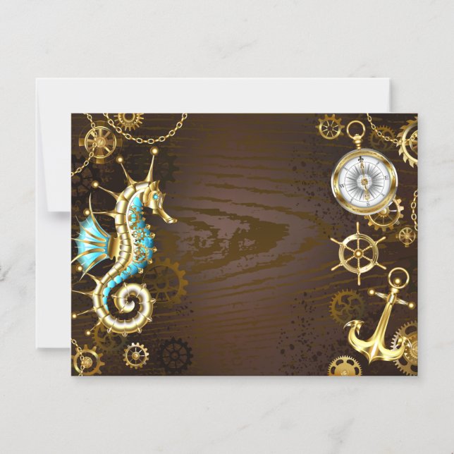 Wooden Background with Mechanical Seahorse Magnetic Invitation (Front)