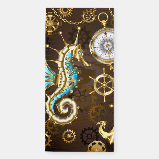 Wooden Background with Mechanical Seahorse Magnetic Notepad (Front)