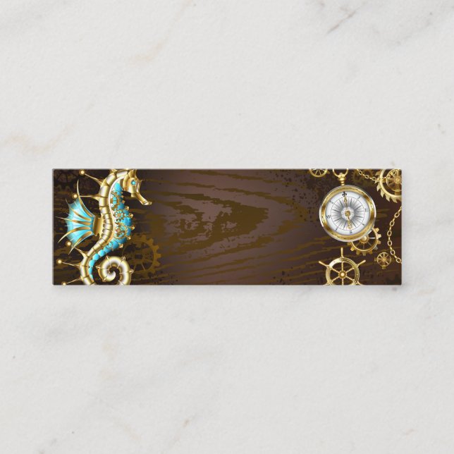 Wooden Background with Mechanical Seahorse Mini Business Card (Front)