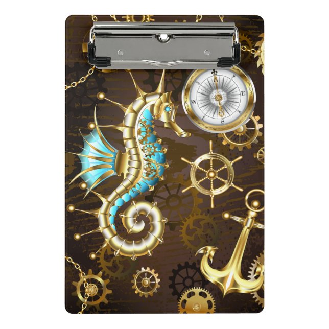 Wooden Background with Mechanical Seahorse Mini Clipboard (Front)