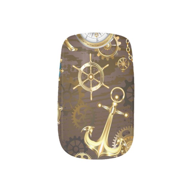 Wooden Background with Mechanical Seahorse Minx Nail Art (Left Thumb)