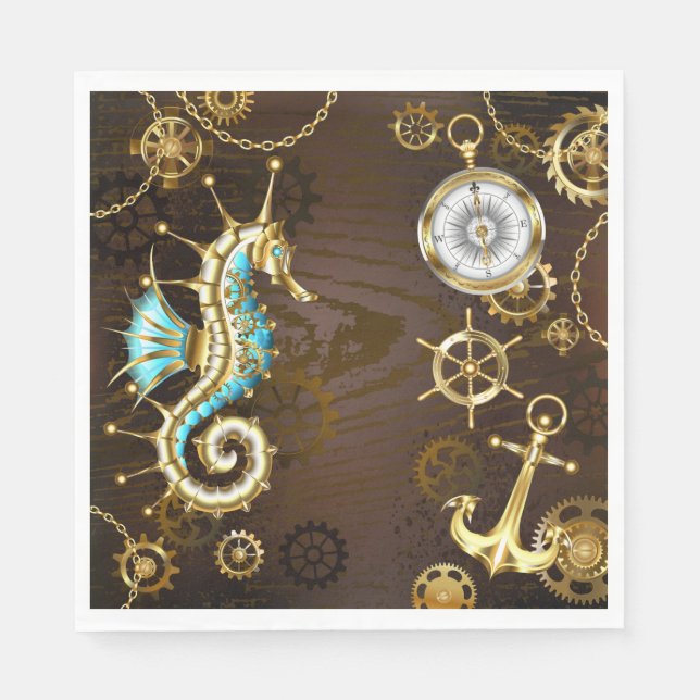 Wooden Background with Mechanical Seahorse Napkins (Front)