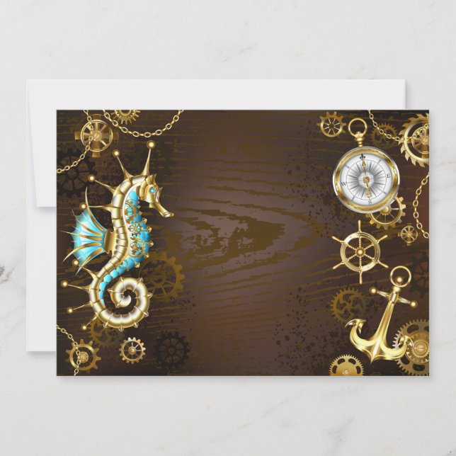 Wooden Background with Mechanical Seahorse Note Card (Front)