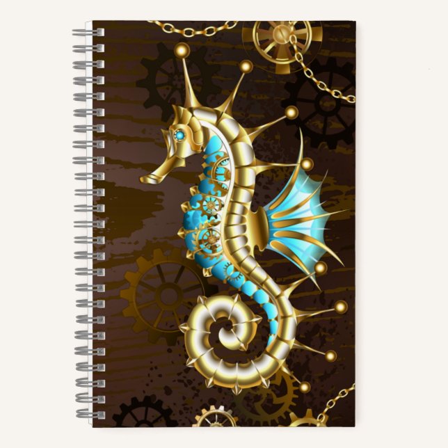 Wooden Background with Mechanical Seahorse Notebook (Front)