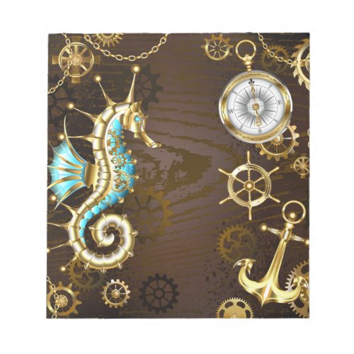 Wooden Background with Mechanical Seahorse Notepad