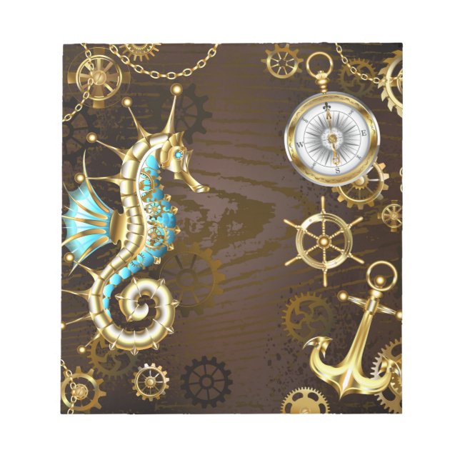 Wooden Background with Mechanical Seahorse Notepad (Front)